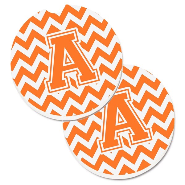 Carolines Treasures Letter A Chevron Orange and White Set of 2 Cup Holder Car Coaster CJ1046-ACARC - main
